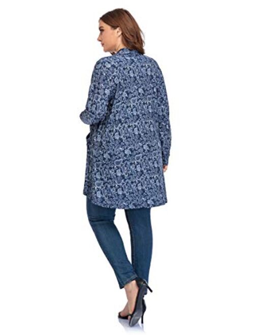 ZERDOCEAN Women's Plus Size Long Sleeve Lightweight Soft Printed Drape Cardigan with Pockets