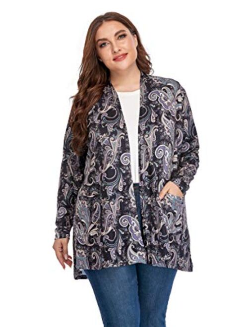 ZERDOCEAN Women's Plus Size Long Sleeve Lightweight Soft Printed Drape Cardigan with Pockets