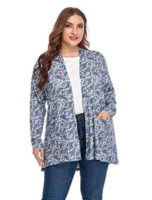 ZERDOCEAN Women's Plus Size Long Sleeve Lightweight Soft Printed Drape Cardigan with Pockets