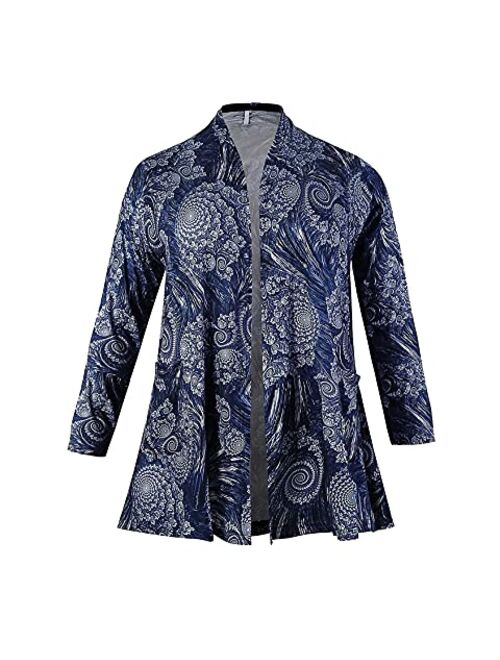 ZERDOCEAN Women's Plus Size Long Sleeve Lightweight Soft Printed Drape Cardigan with Pockets