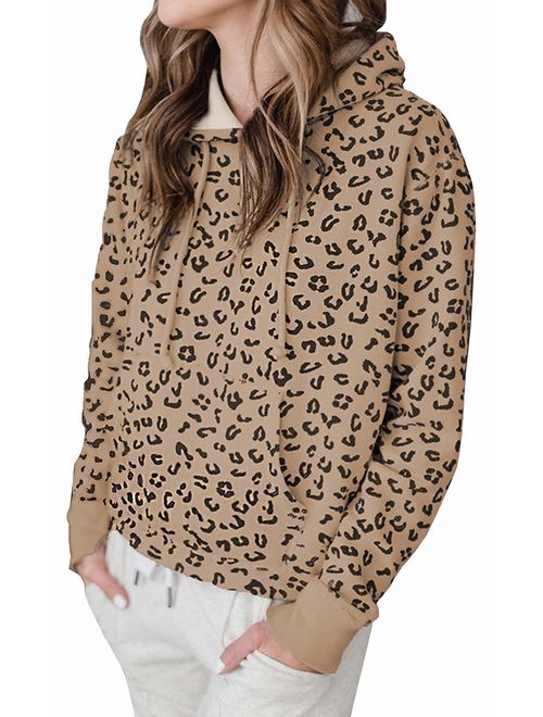 ECOWISH Women Long Sleeve Leopard Hooded Sweatshirt Drawstring Pullover with Pockets