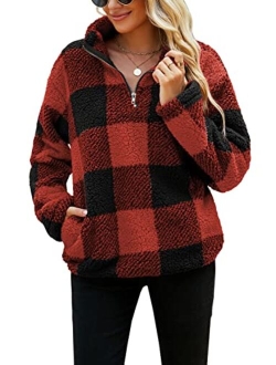 Yanekop Womens Fuzzy Fleece Pullover Plaid Print Sherpa Sweatshirt Button Collar Tops With Pockets