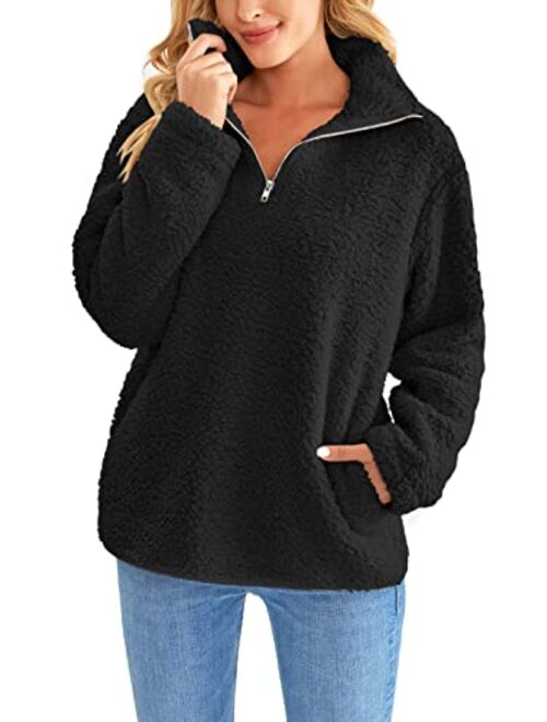 Yanekop Womens Fuzzy Fleece Pullover Plaid Print Sherpa Sweatshirt Button Collar Tops With Pockets