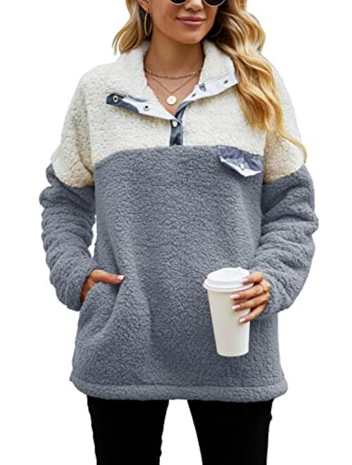 Yanekop Womens Fuzzy Fleece Pullover Plaid Print Sherpa Sweatshirt Button Collar Tops With Pockets