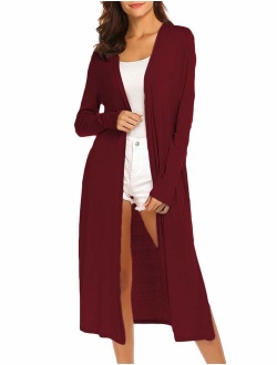 Locryz Women's Long Sleeve Open Front Drape Duster Maxi Long Cardigan with Side Slits