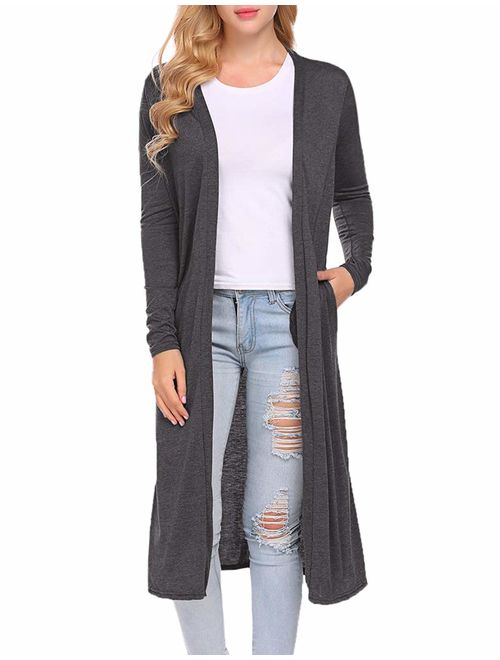 Locryz Women's Long Sleeve Open Front Drape Duster Maxi Long Cardigan with Side Slits