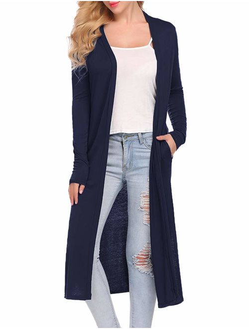 Locryz Women's Long Sleeve Open Front Drape Duster Maxi Long Cardigan with Side Slits