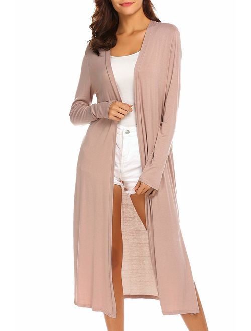 Locryz Women's Long Sleeve Open Front Drape Duster Maxi Long Cardigan with Side Slits