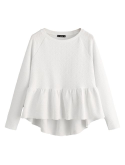 Women's Loose Round Neck Raglan Long Sleeve Ruffle High Low Hem Smock Top