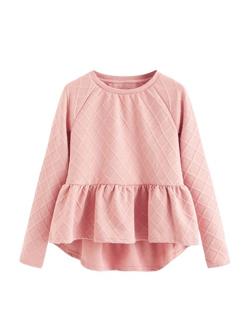 SheIn Women's Loose Round Neck Raglan Long Sleeve Ruffle High Low Hem Smock Top