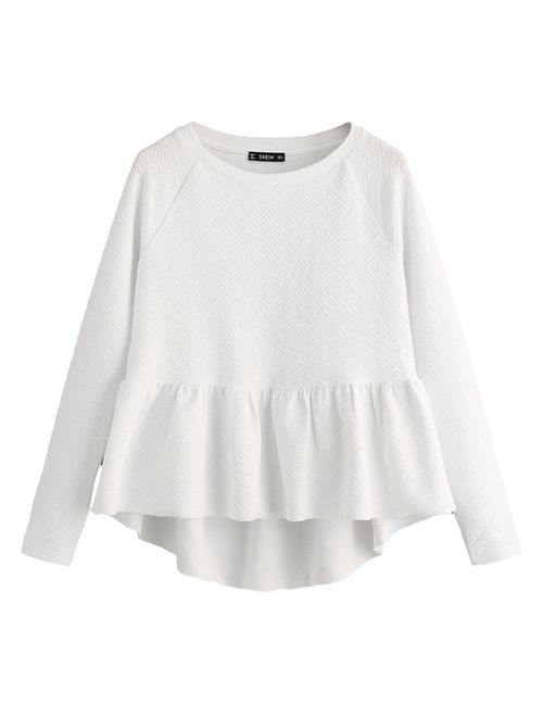 SheIn Women's Loose Round Neck Raglan Long Sleeve Ruffle High Low Hem Smock Top