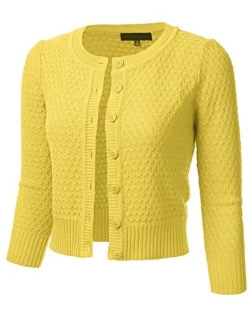 FLORIA Women's Button Down 3/4 Sleeve Crew Neck Cotton Knit Cropped Cardigan Sweater (S-3X)