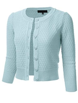 FLORIA Women's Button Down 3/4 Sleeve Crew Neck Cotton Knit Cropped Cardigan Sweater (S-3X)