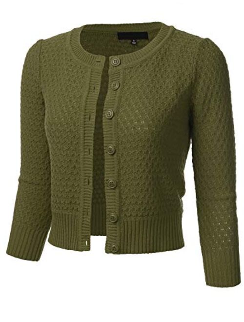 FLORIA Women's Button Down 3/4 Sleeve Crew Neck Cotton Knit Cropped Cardigan Sweater (S-3X)