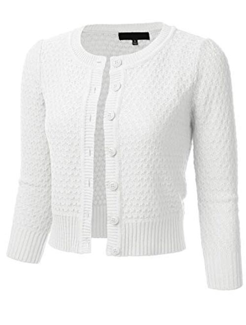 FLORIA Women's Button Down 3/4 Sleeve Crew Neck Cotton Knit Cropped Cardigan Sweater (S-3X)