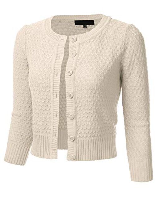 FLORIA Women's Button Down 3/4 Sleeve Crew Neck Cotton Knit Cropped Cardigan Sweater (S-3X)