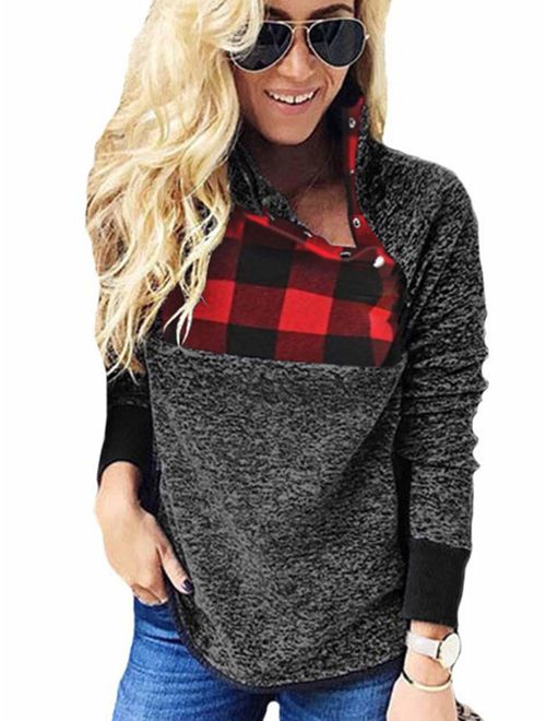 Famulily Women's Long Sleeve Asymmetrical Snap Neck Fleece Pullover Tops Sweater