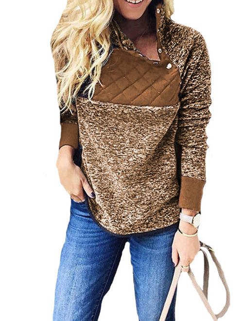 Famulily Women's Long Sleeve Asymmetrical Snap Neck Fleece Pullover Tops Sweater