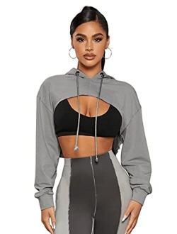 Women's Solid Black Long Sleeve Pullover Crop Top Hoodie