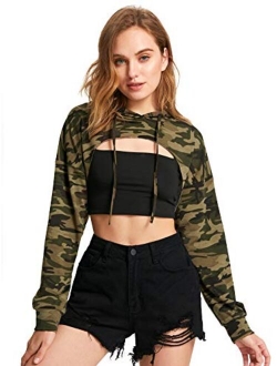 Women's Solid Black Long Sleeve Pullover Crop Top Hoodie