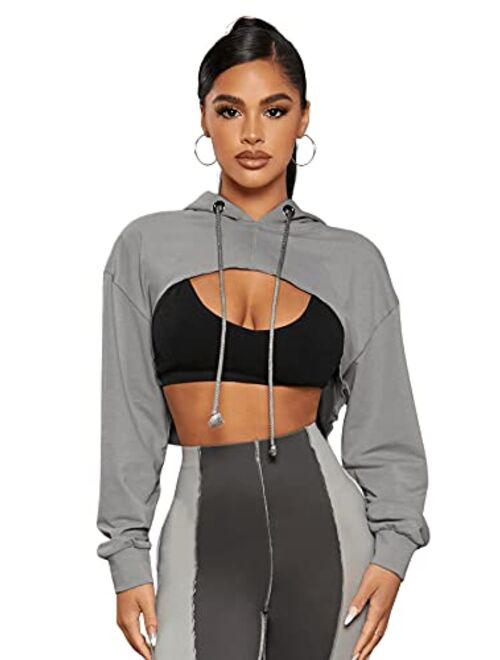 SweatyRocks Women's Solid Black Long Sleeve Pullover Crop Top Hoodie