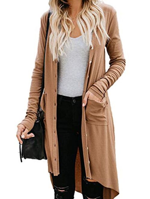 Naggoo Women's Long Cardigans Button Down High Low Solid Knit Loose Cardigans with Pockets