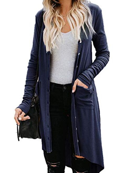 Naggoo Women's Long Cardigans Button Down High Low Solid Knit Loose Cardigans with Pockets