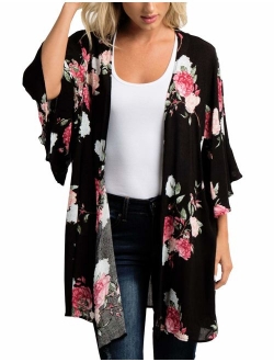 Women's Flowy Chiffon Kimono Cardigan Top Boho Floral Beach Cover Up Casual Loose Shirt