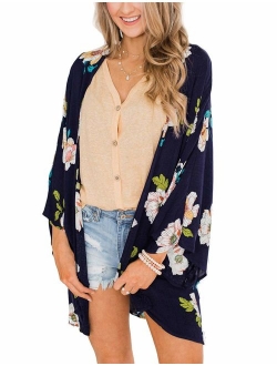 Women's Flowy Chiffon Kimono Cardigan Top Boho Floral Beach Cover Up Casual Loose Shirt