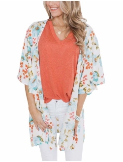 Women's Flowy Chiffon Kimono Cardigan Top Boho Floral Beach Cover Up Casual Loose Shirt