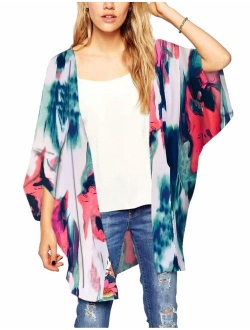 Women's Flowy Chiffon Kimono Cardigan Top Boho Floral Beach Cover Up Casual Loose Shirt