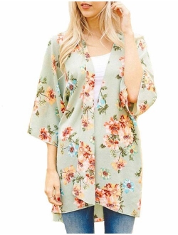 Women's Flowy Chiffon Kimono Cardigan Top Boho Floral Beach Cover Up Casual Loose Shirt