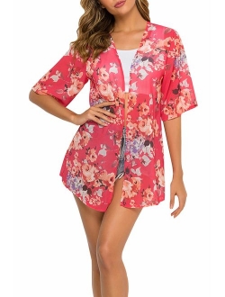 Women's Flowy Chiffon Kimono Cardigan Top Boho Floral Beach Cover Up Casual Loose Shirt