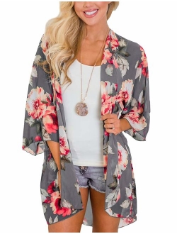 Women's Flowy Chiffon Kimono Cardigan Top Boho Floral Beach Cover Up Casual Loose Shirt