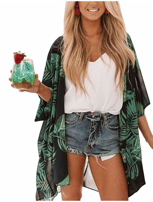 Women's Flowy Chiffon Kimono Cardigan Top Boho Floral Beach Cover Up Casual Loose Shirt