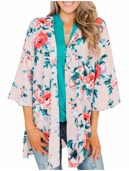 Women's Flowy Chiffon Kimono Cardigan Top Boho Floral Beach Cover Up Casual Loose Shirt