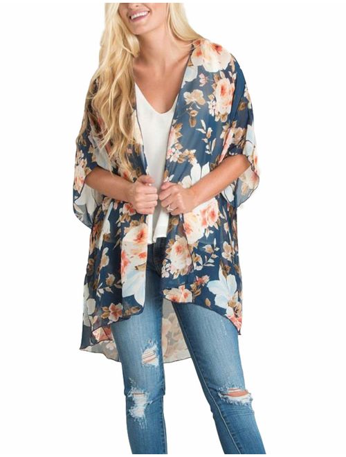 Women's Flowy Chiffon Kimono Cardigan Top Boho Floral Beach Cover Up Casual Loose Shirt