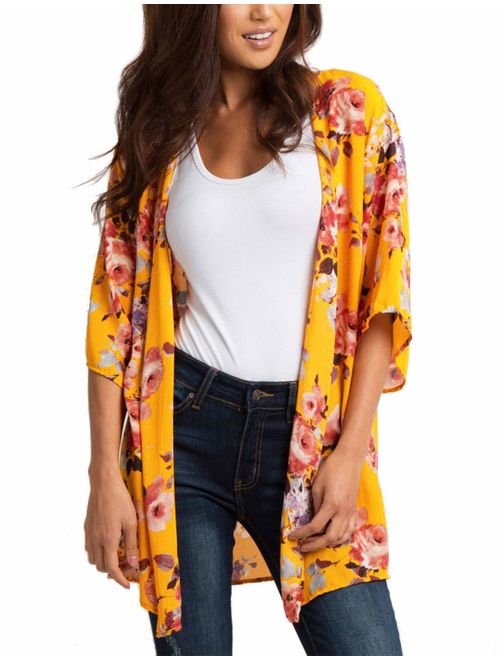 Women's Flowy Chiffon Kimono Cardigan Top Boho Floral Beach Cover Up Casual Loose Shirt