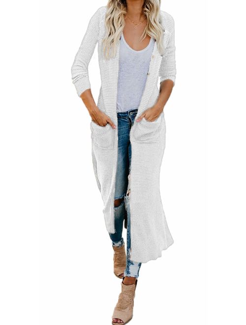 HZSONNE Women's Boho Long Sleeve Button Down Front Pocket Long Casual Cardigan Knitted Sweater Blouses