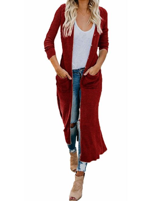 HZSONNE Women's Boho Long Sleeve Button Down Front Pocket Long Casual Cardigan Knitted Sweater Blouses