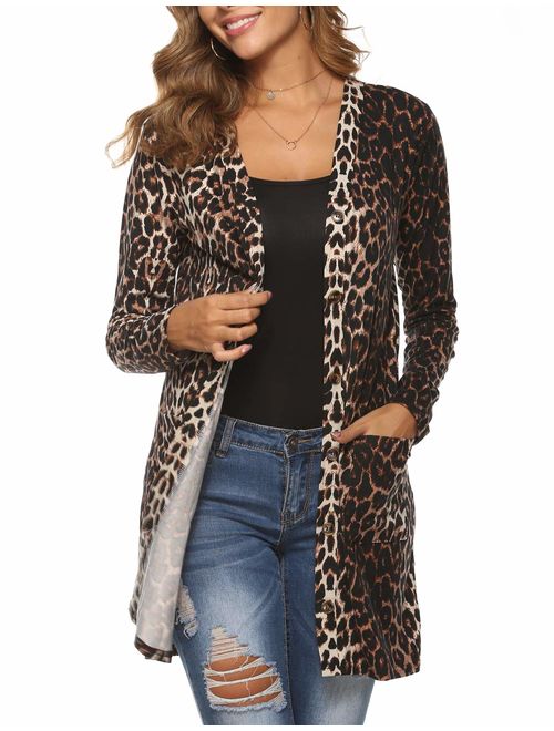 Halife Women's Leopard Printed Cardigans Shirt Lightweight Button Down Cardigan Coat with Pockets