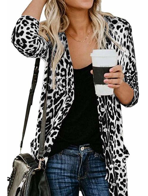 Halife Women's Leopard Printed Cardigans Shirt Lightweight Button Down Cardigan Coat with Pockets