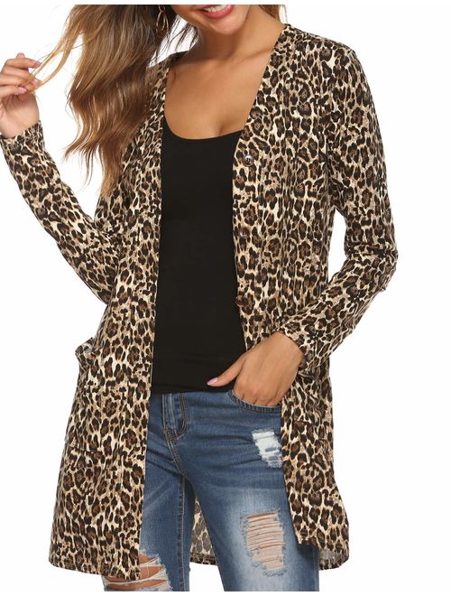 Halife Women's Leopard Printed Cardigans Shirt Lightweight Button Down Cardigan Coat with Pockets