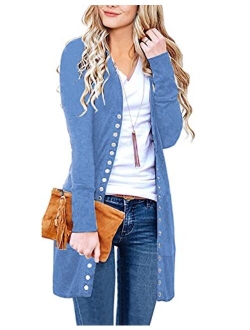 Womens Open Front Long Cardigans Solid Button Down Knit Sweater Coat with Pocket