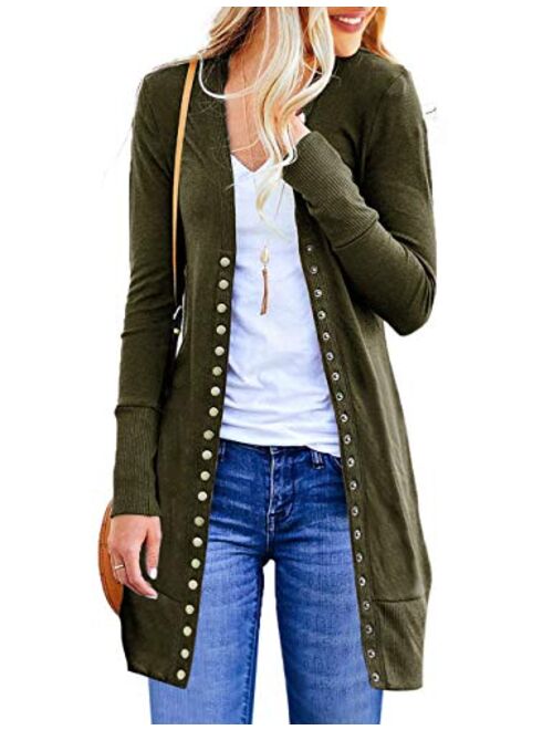 Asvivid Womens Open Front Long Cardigans Solid Button Down Knit Sweater Coat with Pocket