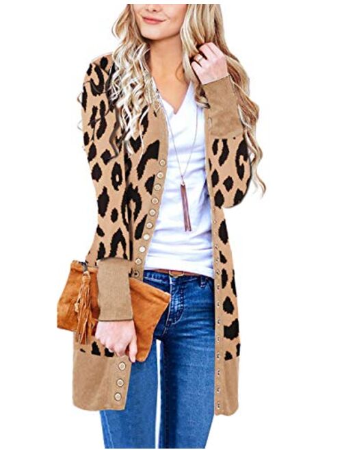 Asvivid Womens Open Front Long Cardigans Solid Button Down Knit Sweater Coat with Pocket