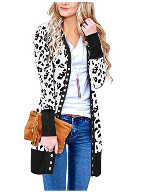 Asvivid Womens Open Front Long Cardigans Solid Button Down Knit Sweater Coat with Pocket