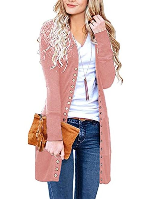 Asvivid Womens Open Front Long Cardigans Solid Button Down Knit Sweater Coat with Pocket