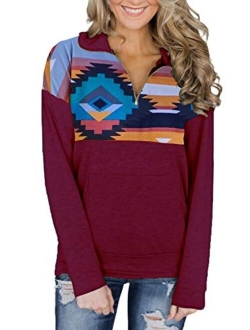 Actloe Women 1/4 Zip Floral Patchwork Pullover Long Sleeve Sweatshirt with Kangaroo Pockets