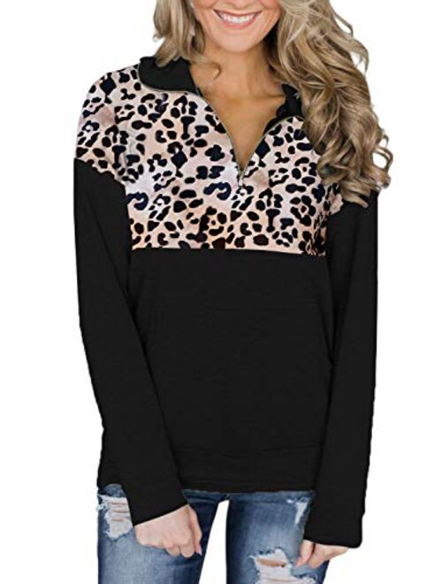 Actloe Women 1/4 Zip Floral Patchwork Pullover Long Sleeve Sweatshirt with Kangaroo Pockets